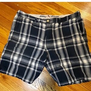 Tommy Bahama Mens Plaid Shorts Size 38 Linen Cotton Blend Blue White